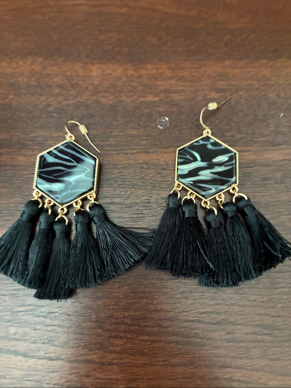 Park Lane Black Hexagon Tassel Drop Earrings with Gold Accents